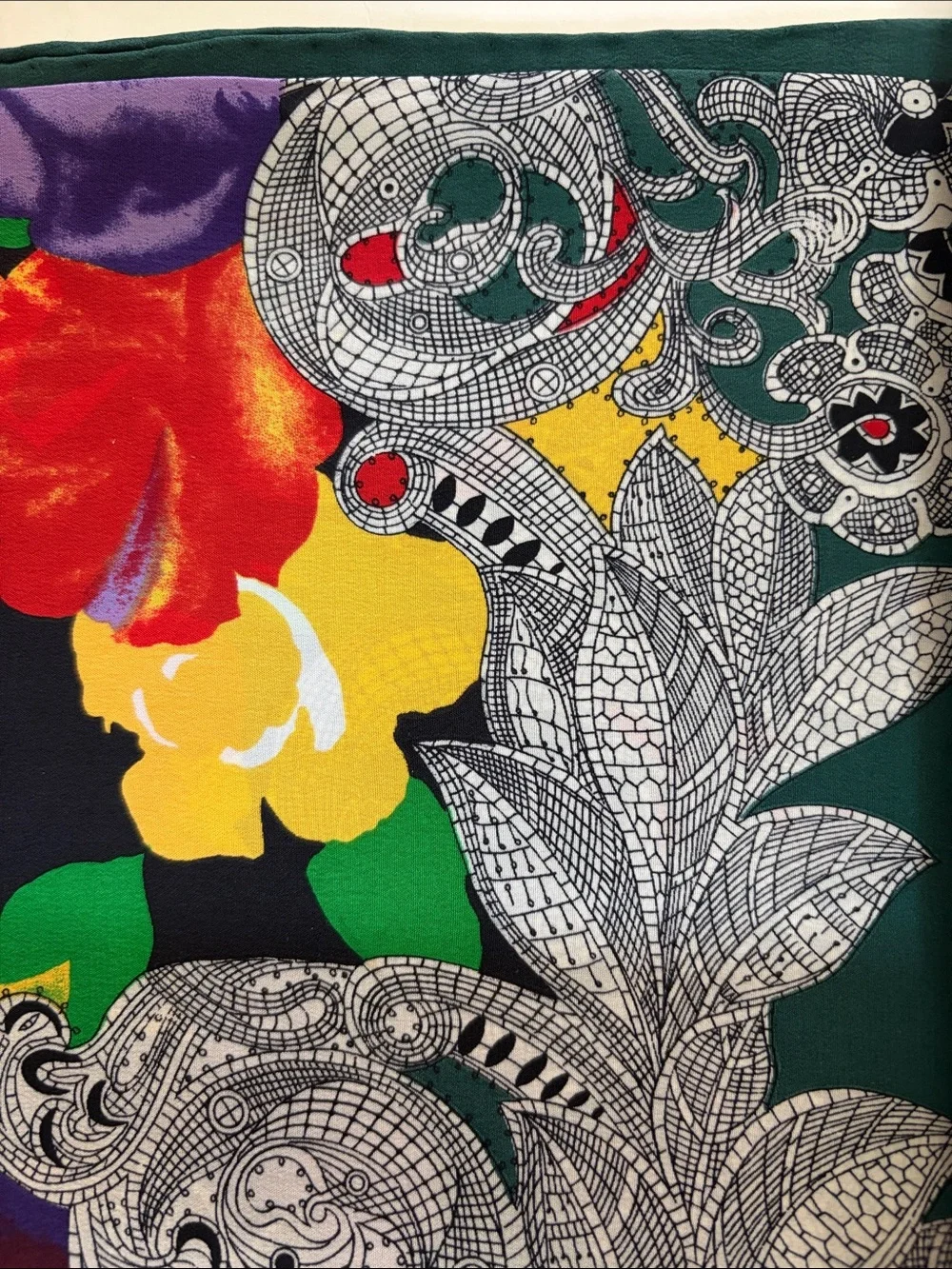 Pierre Balmain Hunter Green Border Floral Silk Scarf with Black Center